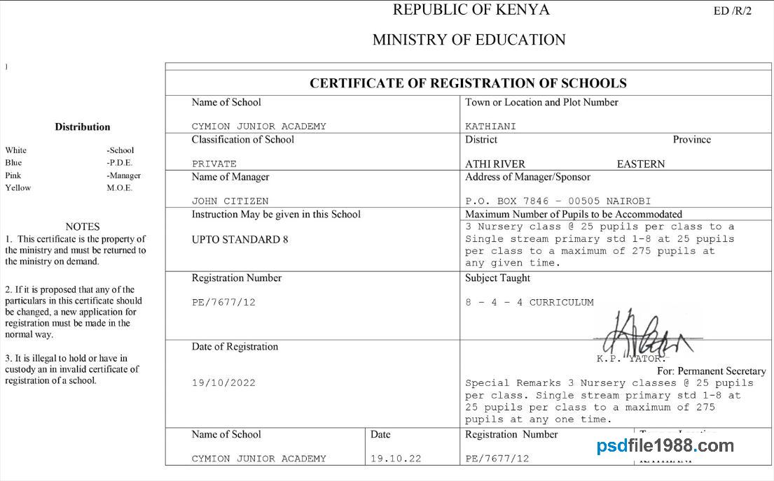 Kenya Certificate of Registration of Schools